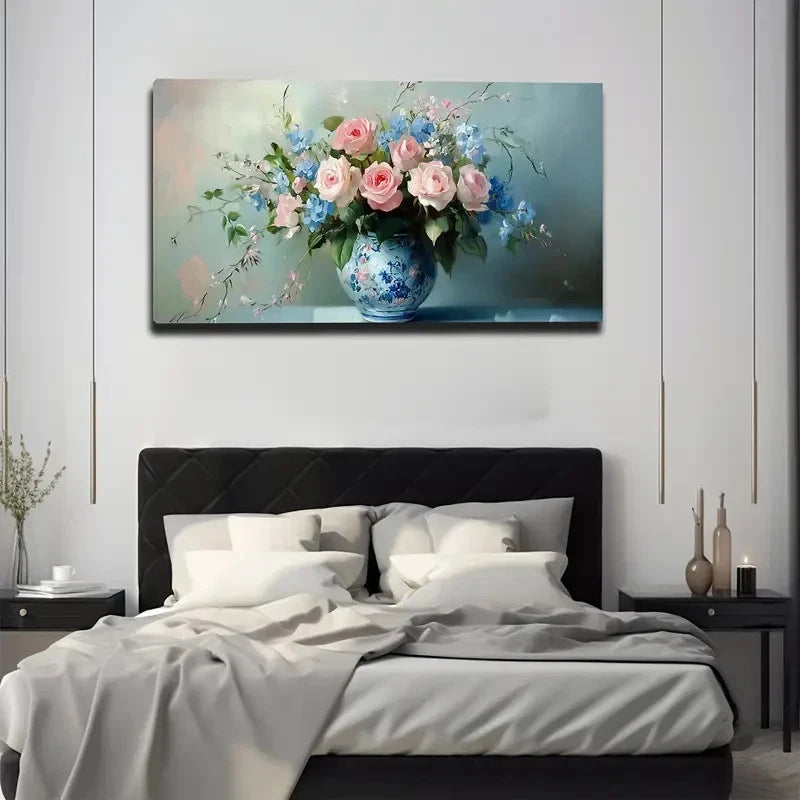 Floral painting above a bed in a bedroom setting