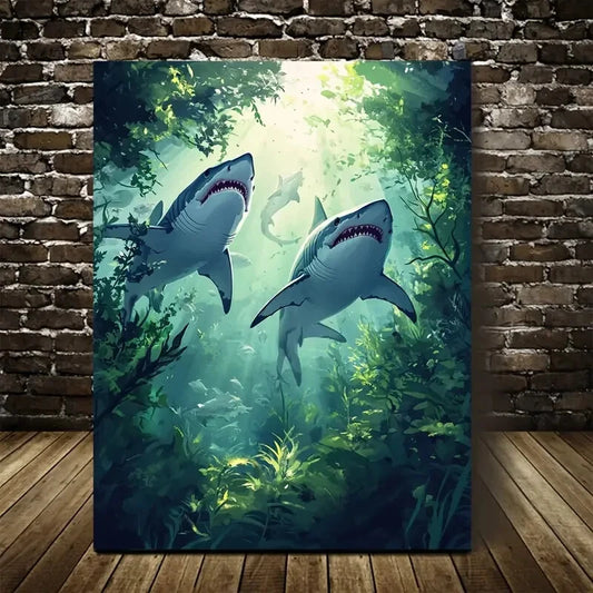 Cartoon Sharks Chasing in Lush Meadow Painting 40x60cm Metal Print Ready to Hang - Bella Home Decor