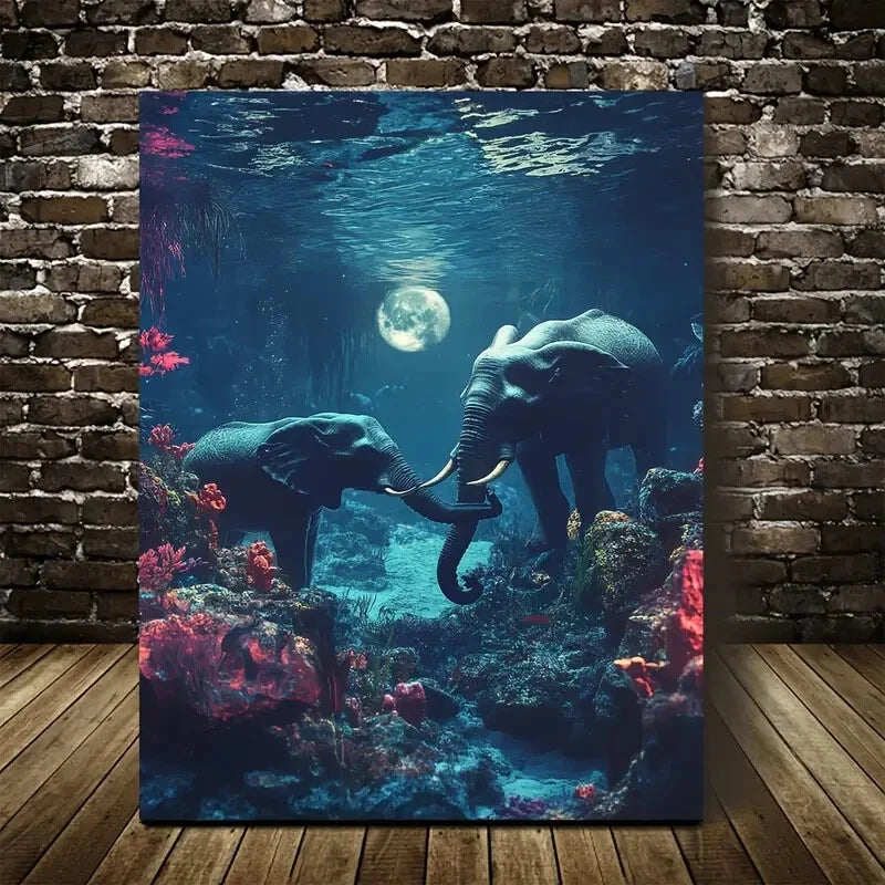 Cyberpunk Elephant Underwater Vibrant Coral Painting 40x60cm Metal Print Ready to Hang - Bella Home Decor
