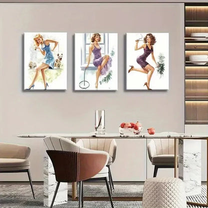 3pcs Vintage Pin-Up Girl Retro Glamorous Wall Art Canvas Unframed - High Quality Print 100% Australian Made Wall Canvas