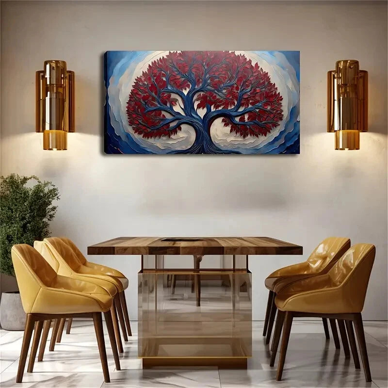 Vibrant Red Mystery Tree Design Wall Art Canvas Office Home Room Framed 120x60cm - Bella Home Decor