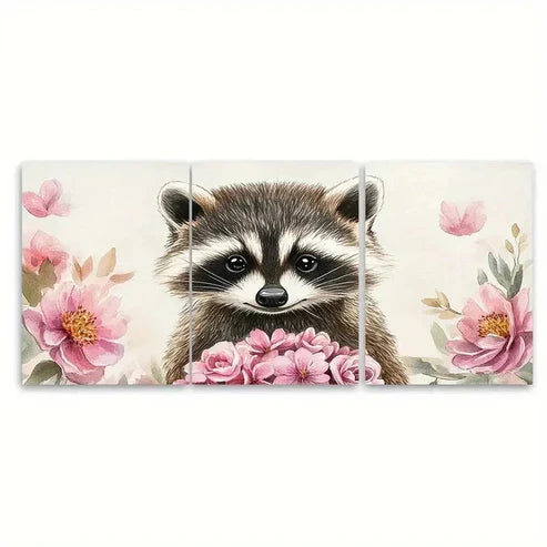 3pcs Adorable Raccoon Watercolor Print  Wall Art Set Canvas Unframed - High Quality Print 100% Australian Made Wall Canvas - Bella Home Decor