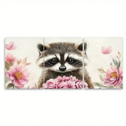 3pcs Adorable Raccoon Watercolor Print  Wall Art Set Canvas Unframed - High Quality Print 100% Australian Made Wall Canvas - Bella Home Decor
