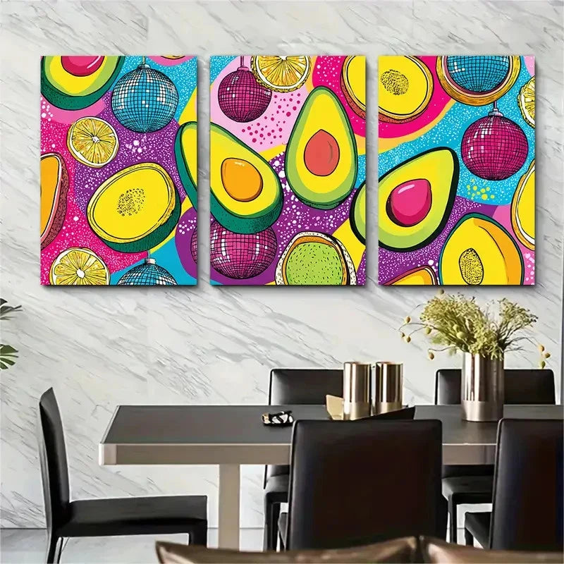 3pcs Vibrant Disco Ball & Avocado Preppy Perfect Wall Art Set Canvas Framed 40x60cm - High Quality Print 100% Australian Made Wall Canvas Ready to Hang
