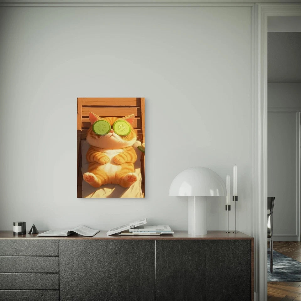 Whimsical Cat with Cucumber Slices 60x90cm Metal Print Ready to Hang