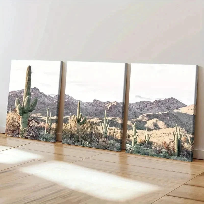 3pcs Desert Art Painting Mountains & Cacti Wall Art Set Canvas Framed 50x70cm - High Quality Print 100% Australian Made Wall Canvas Ready to Hang - Bella Home Decor