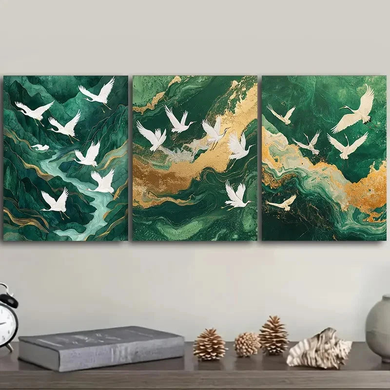 3pcs Mountains white cranes Chinese Painting Wall Art Set Canvas Framed 60x90cm - High Quality Print 100% Australian Made Wall Canvas Ready to Hang - Bella Home Decor