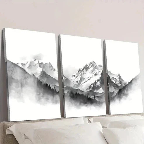 3pcs Snow Capped Peaks and Foggy Forest Scenery Wall Art Canvas Unframed - High Quality Print 100% Australian Made Wall Canvas