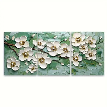 3pcs Floral Painting White Flower Green Nature   Wall Art Set Canvas Framed 50x70cm - High Quality Print 100% Australian Made Wall Canvas Ready to Hang