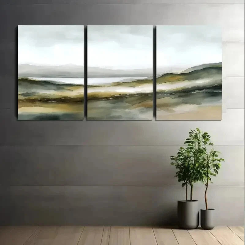 3pcs Abstract Highlands Soft Blues Beiges Whites Metal Print Ready to Hang Art - Bella Home Decor