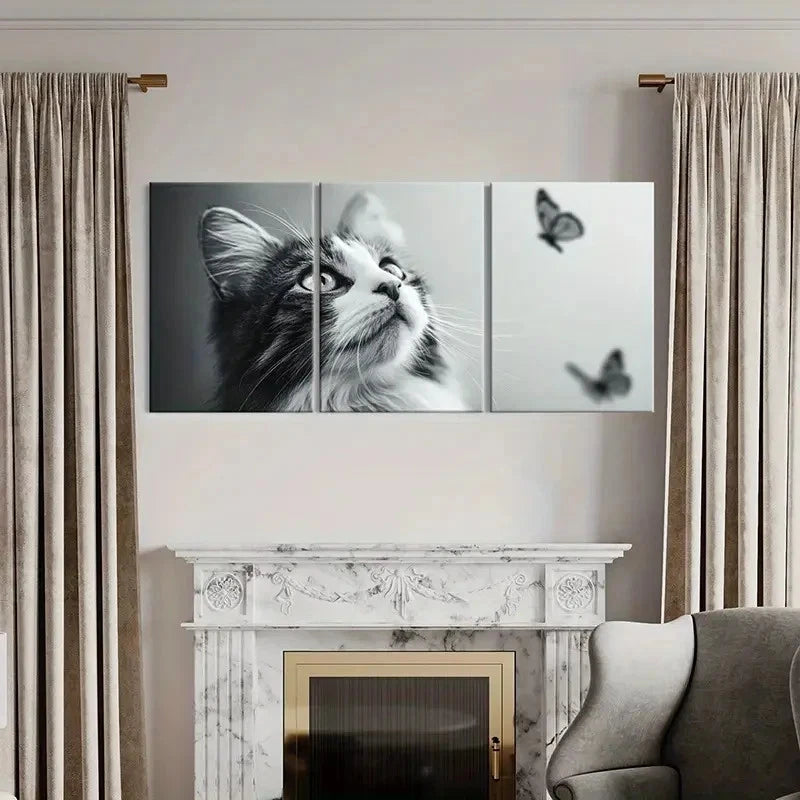 3pcs Black And White Cat Gazing At Butterflies    Wall Art Set Canvas Framed 50x70cm - High Quality Print 100% Australian Made Wall Canvas Ready to Hang - Bella Home Decor