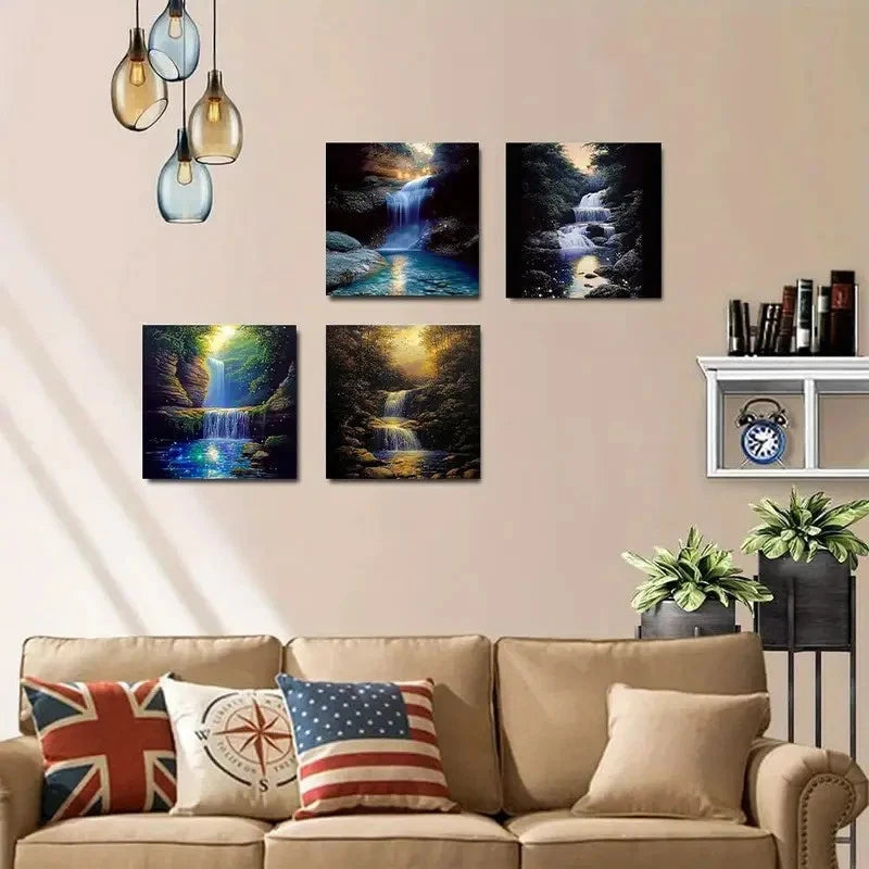4pcs Dreamy Moonlit Waterfall Wall Art Canvas Framed