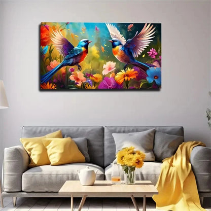 Vibrant Floral Birds Wall Art Canvas Office Home Room Framed 120x60cm