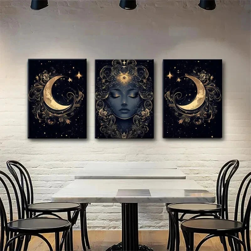 3pcs Mystical Moon Goddess Golden Lunar Perfect Wall Art Set Canvas Framed 60x90cm - High Quality Print 100% Australian Made Wall Canvas Ready to Hang - Bella Home Decor