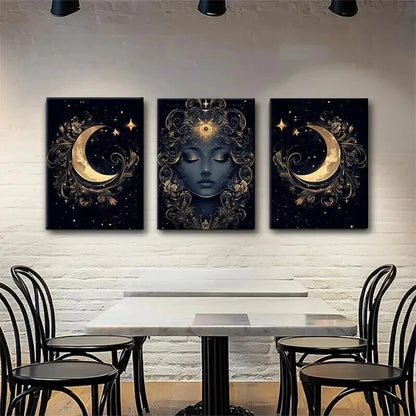 3pcs Mystical Moon Goddess Golden Lunar Perfect Wall Art Set Canvas Framed 60x90cm - High Quality Print 100% Australian Made Wall Canvas Ready to Hang - Bella Home Decor