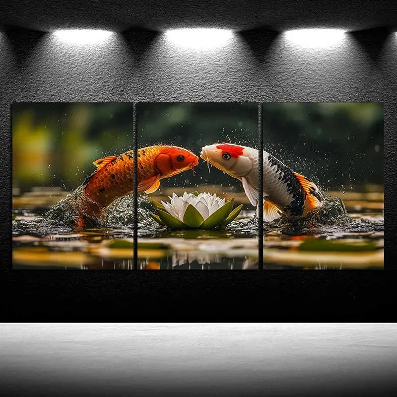 3pcs Goldfish on The Lotus Pond Metal Print Ready to Hang Art - Bella Home Decor