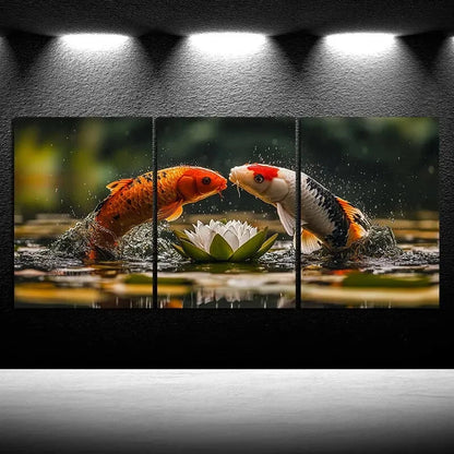 3pcs Goldfish on The Lotus Pond Metal Print Ready to Hang Art - Bella Home Decor