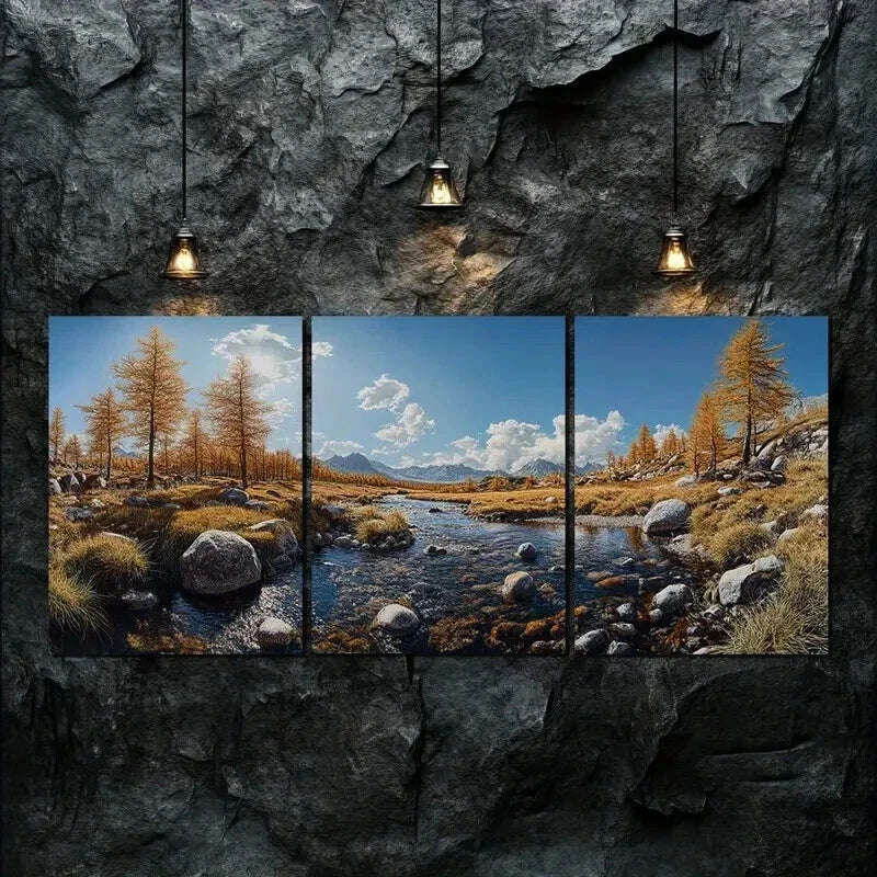 3pcs Autumn Mountains Rivers Nature Perfect Wall Art Set Canvas Framed 50x70cm - High Quality Print 100% Australian Made Wall Canvas Ready to Hang