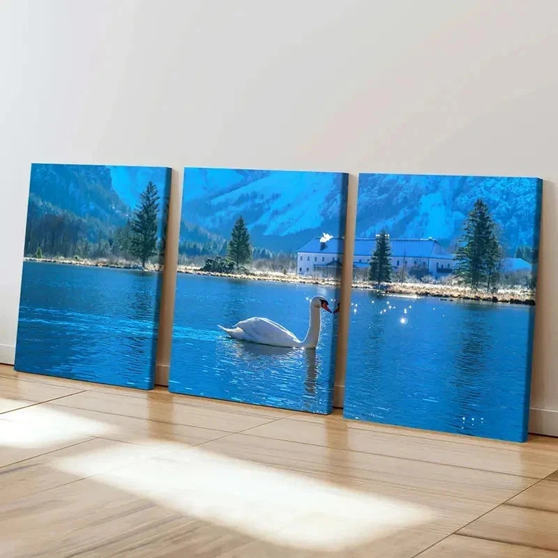 3pcs Blue Colored Lake and White Swan Wall Art Set Canvas Framed 50x70cm - High Quality Print 100% Australian Made Wall Canvas Ready to Hang - Bella Home Decor