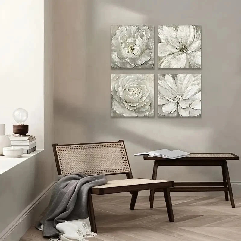 4pcs  Rainy Day White Flowers Oil Painting Picture Wall Art Canvas Framed