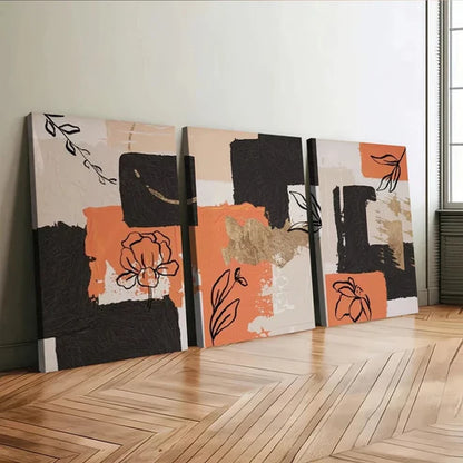 3pcs Orange Abstract Modern Black Line Flower Wall Art Set Canvas Unframed - High Quality Print 100% Australian Made Wall Canvas