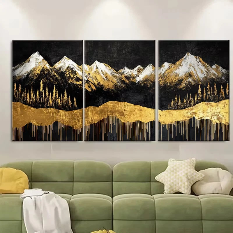 3pcs Golden Mountain Abstract Painting Metal Print Ready to Hang Art