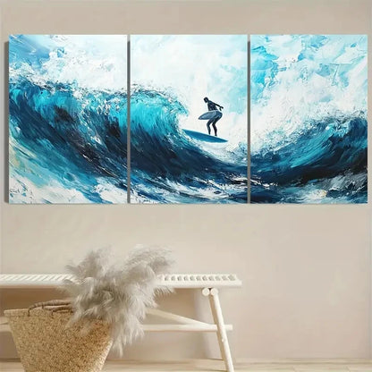 3pcs Surfer Blue Ocean Art Abstract Beach Wall Art Set Canvas Framed 50x70cm - High Quality Print 100% Australian Made Wall Canvas Ready to Hang