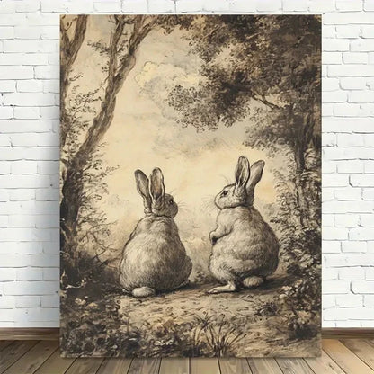 Beautiful Retro Rabbits In The Forest Painting 40x60cm Metal Print Ready to Hang