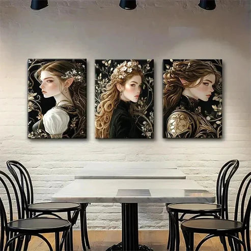3pcs Enchanted Elven Golden Floral Women Perfect  Wall Art Set Canvas Unframed - High Quality Print 100% Australian Made Wall Canvas