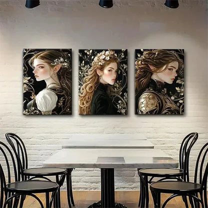 3pcs Enchanted Elven Golden Floral Women Perfect  Wall Art Set Canvas Unframed - High Quality Print 100% Australian Made Wall Canvas