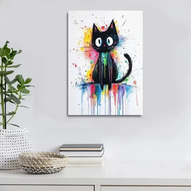 WhimsyArt Contemporary Abstract Black Cat Painting 40x60cm Metal Print Ready to Hang - Bella Home Decor