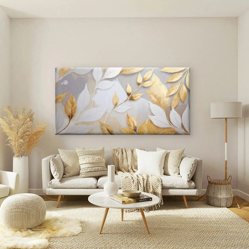 Golden Abstract Leaf Texture Wall Art Canvas Office Home Room Framed 120x60cm - Bella Home Decor
