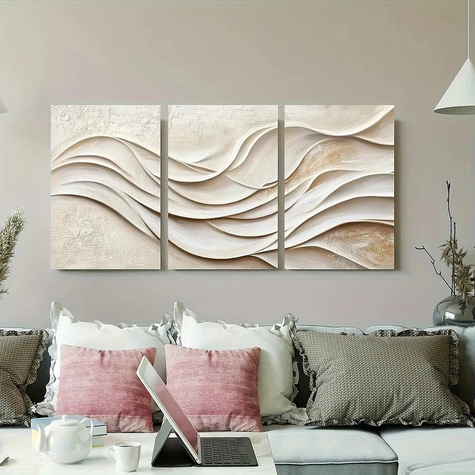 3pcs Abstract Wave White and Beige Design Texture Metal Print Ready to Hang Art - Bella Home Decor