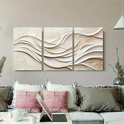 3pcs Abstract Wave White and Beige Design Texture Metal Print Ready to Hang Art - Bella Home Decor
