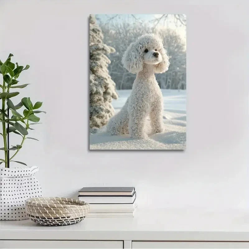 Beautiful White Poodle On The Snow Painting 40x60cm Metal Print Ready to Hang - Bella Home Decor