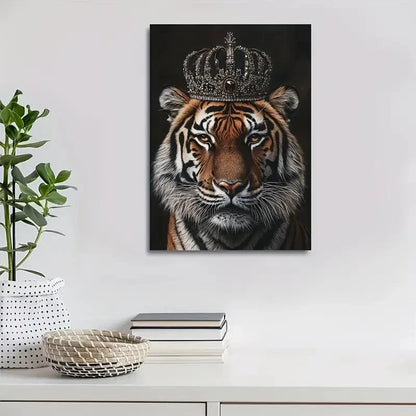 Majestic Crowned Tiger Portrait Golden Crown Painting 40x60cm Metal Print Ready to Hang - Bella Home Decor