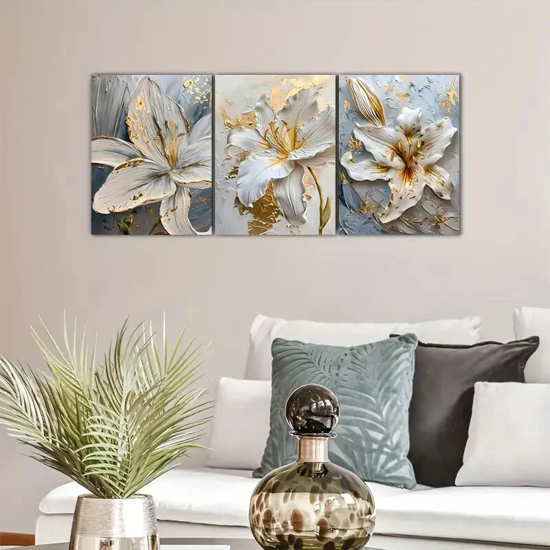 3pcs Elegant Golden and White Flowers Metal Print Ready to Hang Art - Bella Home Decor