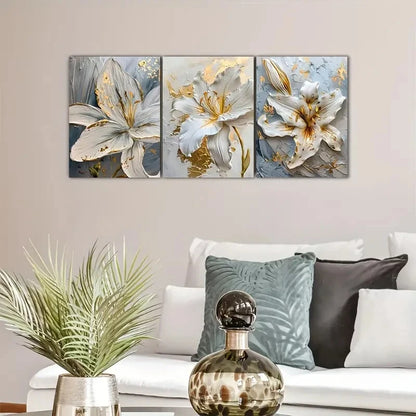 3pcs Elegant Golden and White Flowers Metal Print Ready to Hang Art - Bella Home Decor