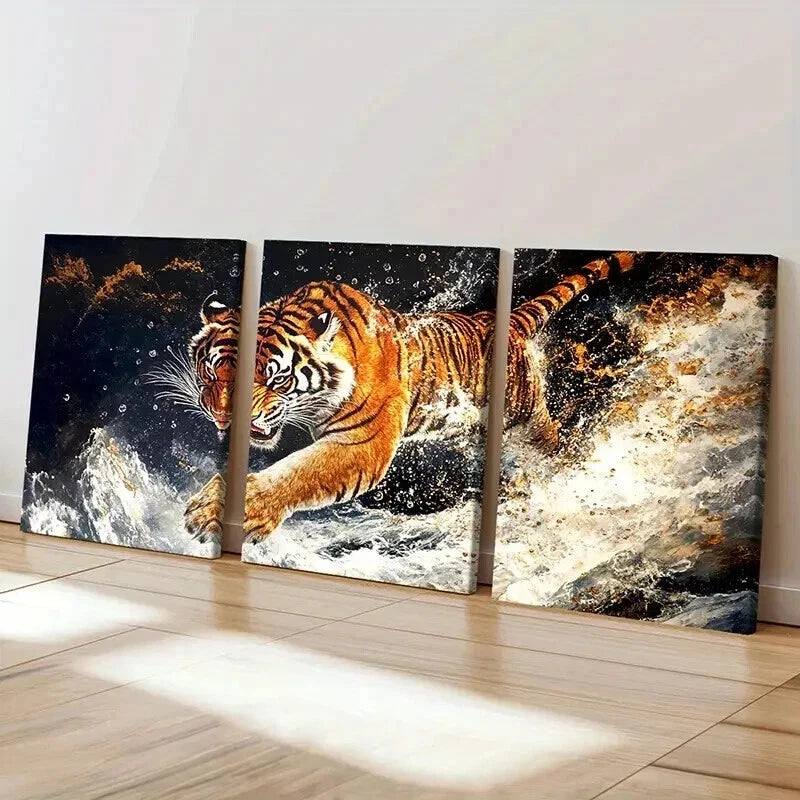 3pcs Tiger Bursting Through Water Wall Art Set Canvas Framed 50x70cm - High Quality Print 100% Australian Made Wall Canvas Ready to Hang - Bella Home Decor