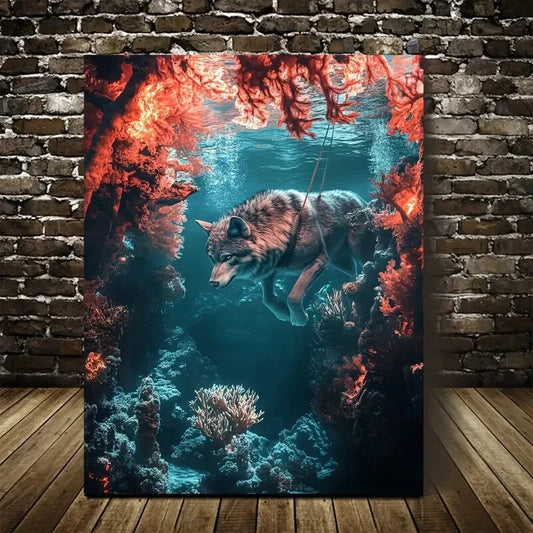 Surreal Wolf Swinging in Underwater Coral Painting 40x60cm Metal Print Ready to Hang - Bella Home Decor