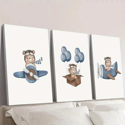3pcs Bear Flying a Plane in the Sky Wall Art Set Canvas Framed 60x90cm - High Quality Print 100% Australian Made Wall Canvas Ready to Hang