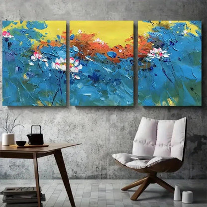 3pcs Lotus Blossoms with Vibrant Blue and Yellow Wall Art Set Canvas Framed 60x90cm - High Quality Print 100% Australian Made Wall Canvas Ready to Hang