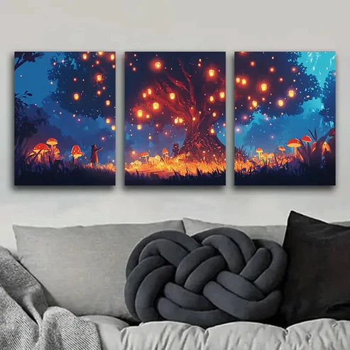 3pcs Lanterns on the Tree Colorful Sky Perfect Wall Art Set Canvas Unframed - High Quality Print 100% Australian Made Wall Canvas