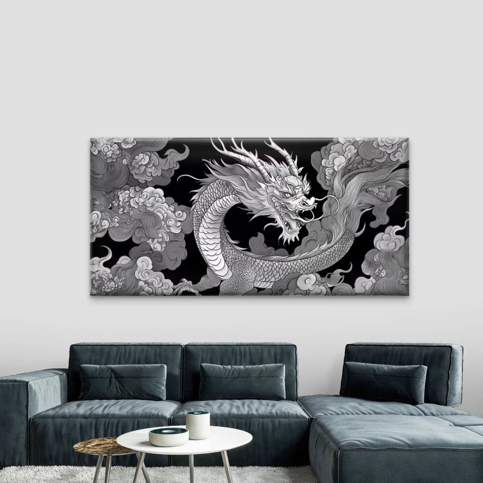 Black & White Dragon Wall Art Canvas Office Home Room Framed 120x60cm