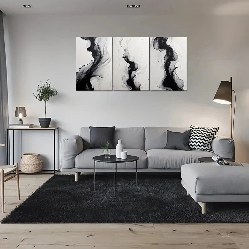3pcs Abstract Black and White Fluid Metal Print Ready to Hang Art - Bella Home Decor