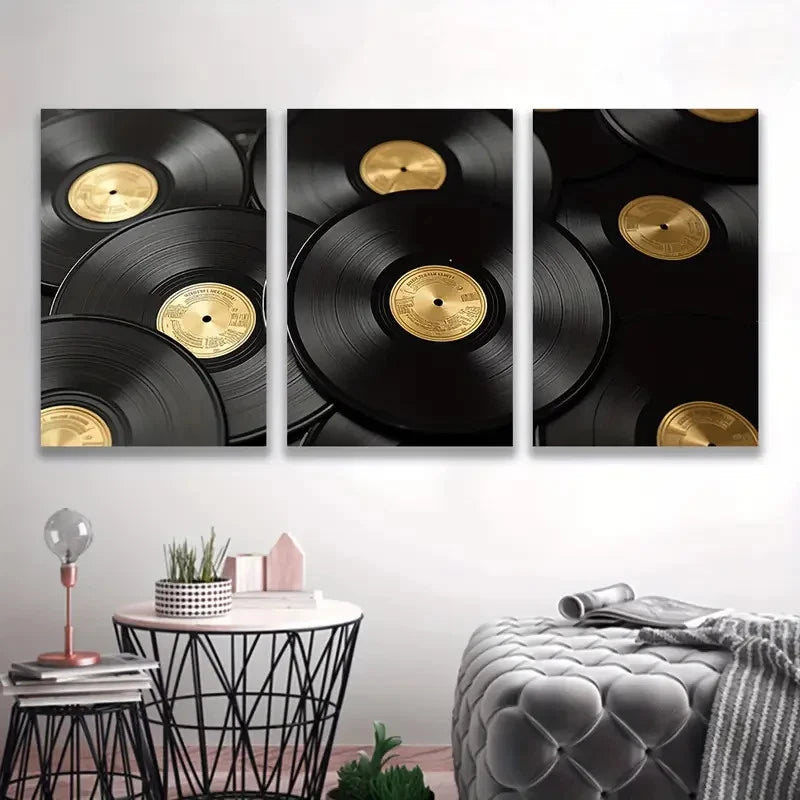 3pcs Golden & Black Vinyl Record Stacked Design  Wall Art Set Canvas Framed 50x70cm - High Quality Print 100% Australian Made Wall Canvas Ready to Hang - Bella Home Decor