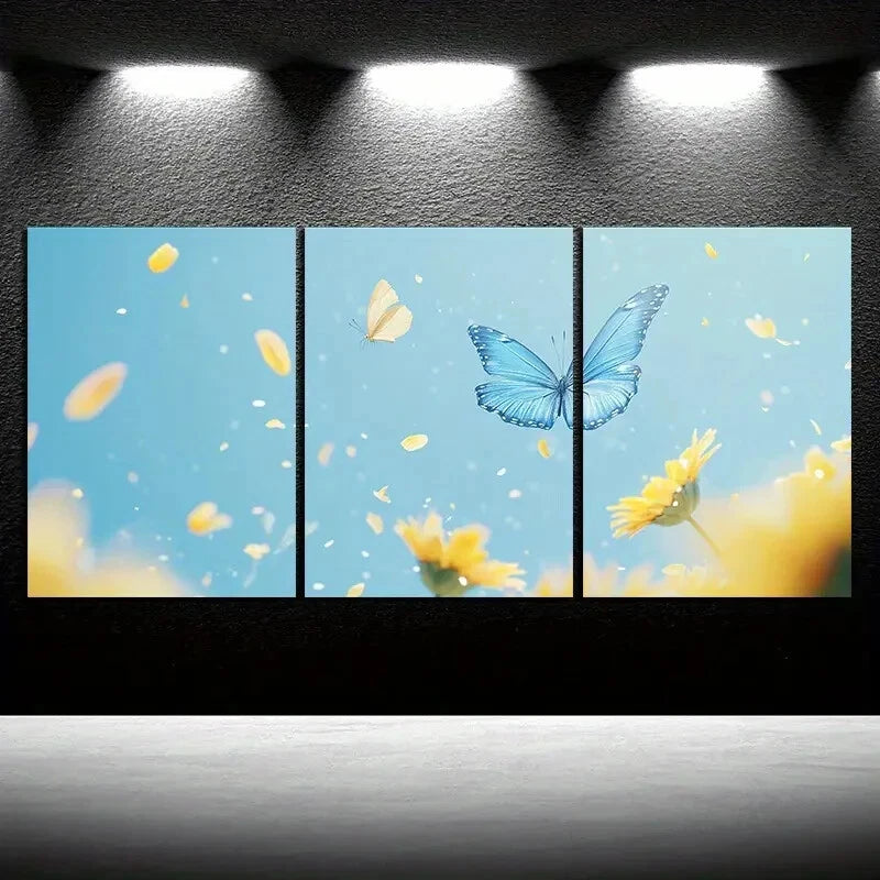 3pcs Sunflowers and Blue Butterfly Metal Print Ready to Hang Art - Bella Home Decor