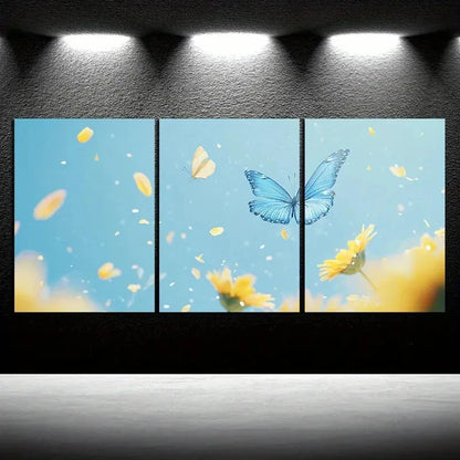 3pcs Sunflowers and Blue Butterfly Metal Print Ready to Hang Art - Bella Home Decor