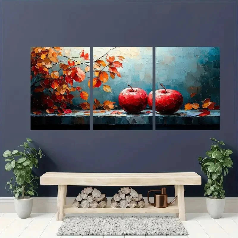 3pcs Vibrant Autumn Apple Orange Leaves on Blue Metal Print Ready to Hang Art - Bella Home Decor