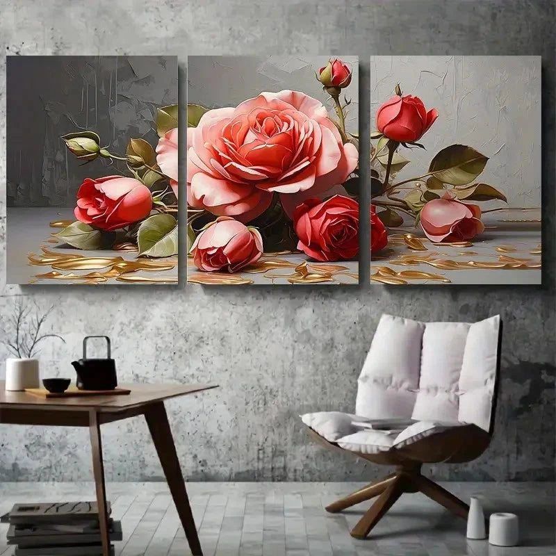 3pcs Romantic Red Rose Golden Accents Metal Print Ready to Hang Art